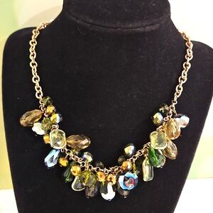 Shades of green crystals aurora borealis  bronze gold tone necklace Macy's Nords